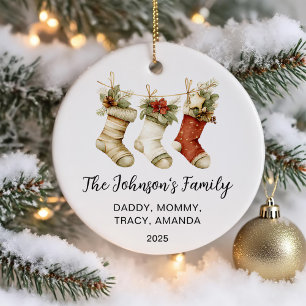Family Christmas Watercolor Stockings Ceramic Ornament