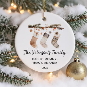Family Christmas Watercolor Stockings Photo Ceramic Ornament