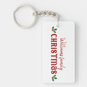 Family Christmas white and red holly Keychain