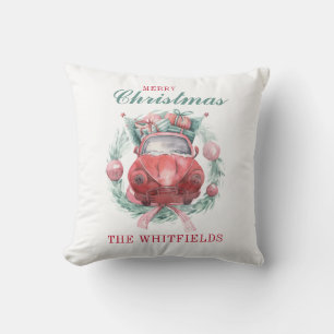 Family Christmas Wreath Red Car Matching Holiday Throw Pillow