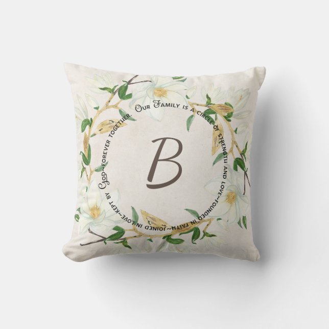 Family Circle quote and wreath with monogram Throw Pillow (Front)