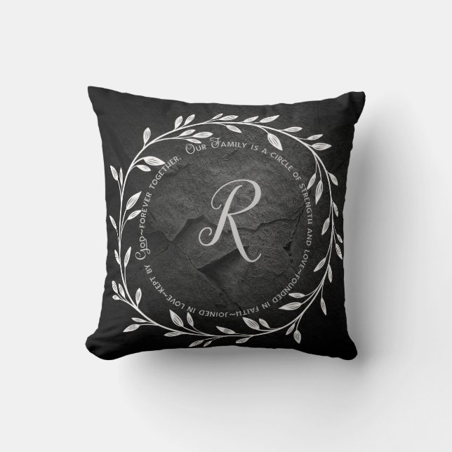 Family Circle Quote on black rock with monogram Throw Pillow (Front)
