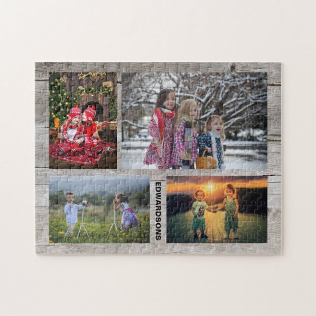 Family collage 4 photos on barn wood monogram name jigsaw puzzle (Horizontal)
