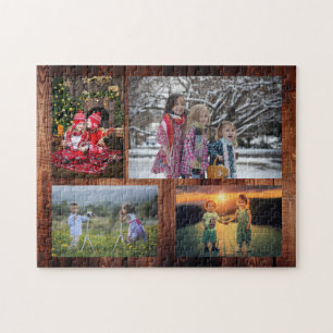 Family collage 4 photos on rustic wood jigsaw puzz puzzle