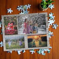 Family collage 4 photos on rustic wood