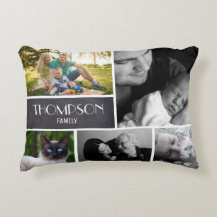 Family Collage 5 Photos, Personalized, chalked Accent Pillow