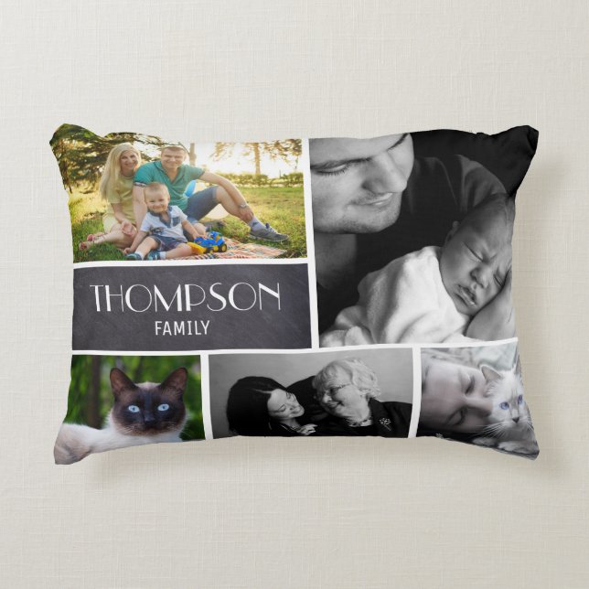 Family Collage 5 Photos, Personalized, chalked Accent Pillow (Front)