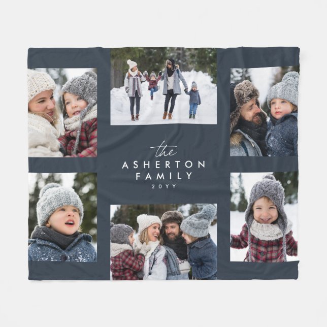 Family collage 6 photo simple modern navy fleece blanket (Front (Horizontal))