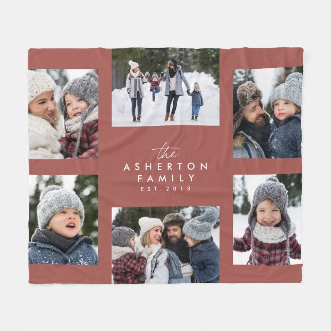 Family collage 6 photo simple modern terracotta fleece blanket (Front (Horizontal))