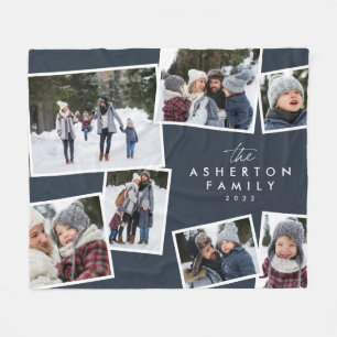 Family collage 7 photo personalized navy blue fleece blanket