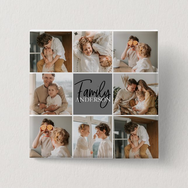 Family Collage Photo & Personalized Grey Gift 2 Inch Square Button (Front)