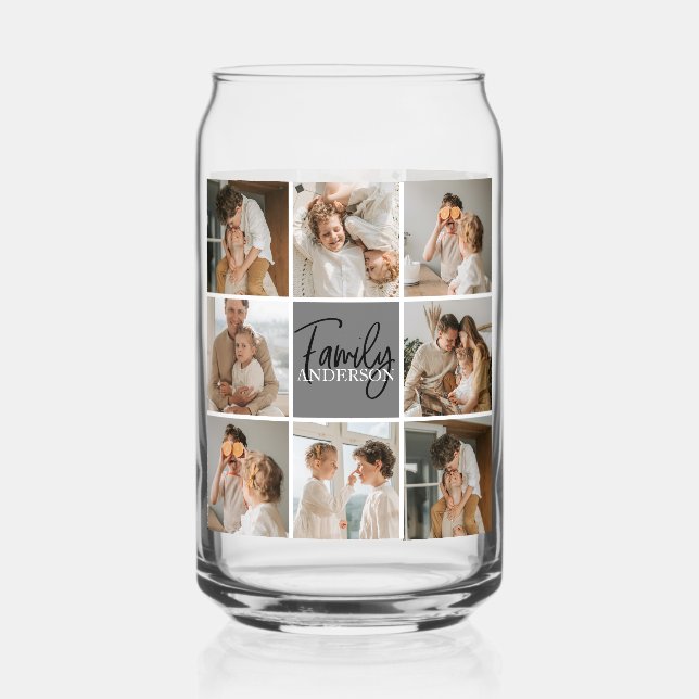 Family Collage Photo & Personalized Grey Gift Can Glass (Front)