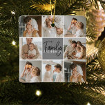 Family Collage Photo & Personalized Grey Gift Ceramic Ornament<br><div class="desc">Create a beautiful and personalized family collage with eight photos, accompanied by a personalized family name in grey. This unique and thoughtful gift is perfect for commemorating special moments and celebrating the love and bond within a family. The collage features eight carefully selected photos that you can provide, showcasing cherished...</div>