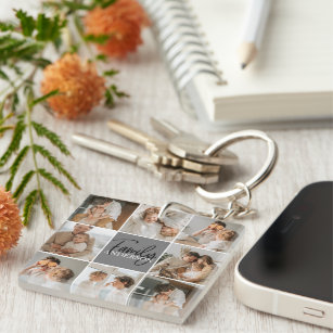 Family Collage Photo & Personalized Grey Gift Keychain