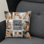 Family Collage Photo & Personalized Grey Gift Throw Pillow<br><div class="desc">Create a beautiful and personalized family collage with eight photos, accompanied by a personalized family name in grey. This unique and thoughtful gift is perfect for commemorating special moments and celebrating the love and bond within a family. The collage features eight carefully selected photos that you can provide, showcasing cherished...</div>