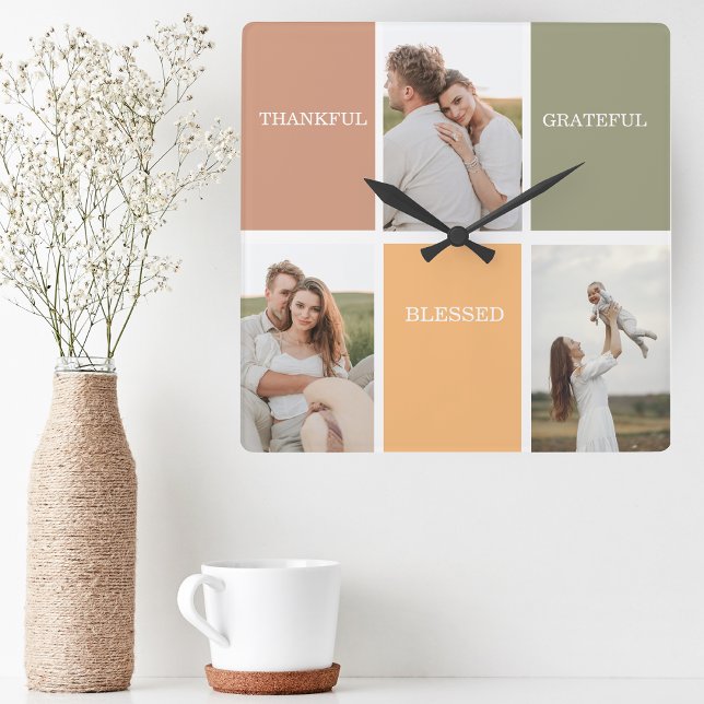 Family Collage Photo | Thankful Blessed Grateful Square Wall Clock (Creator Uploaded)
