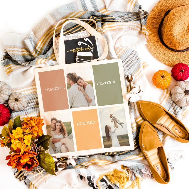 Family Collage Photo | Thankful Blessed Grateful Tote Bag (Creator Uploaded)