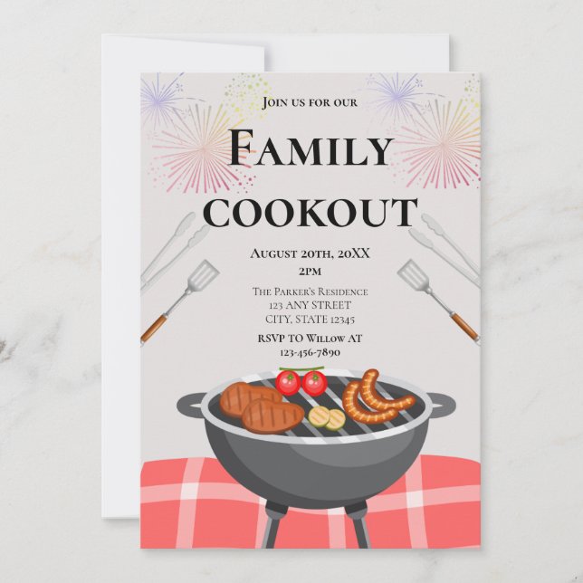 Family Cookout Colourful Fireworks Grilling Party Invitation (Front)