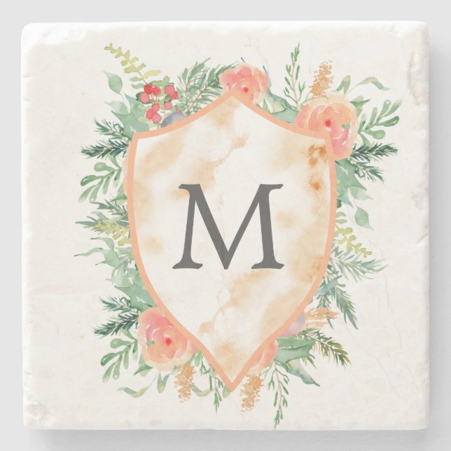 family crest pastel winter floral monogram stone coaster (Front)
