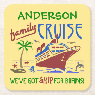 Family Cruise Vacation Funny Ship Custom Name Square Paper Coaster