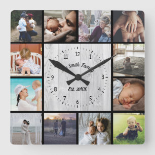 Family custom photo collage personalize light wood square wall clock
