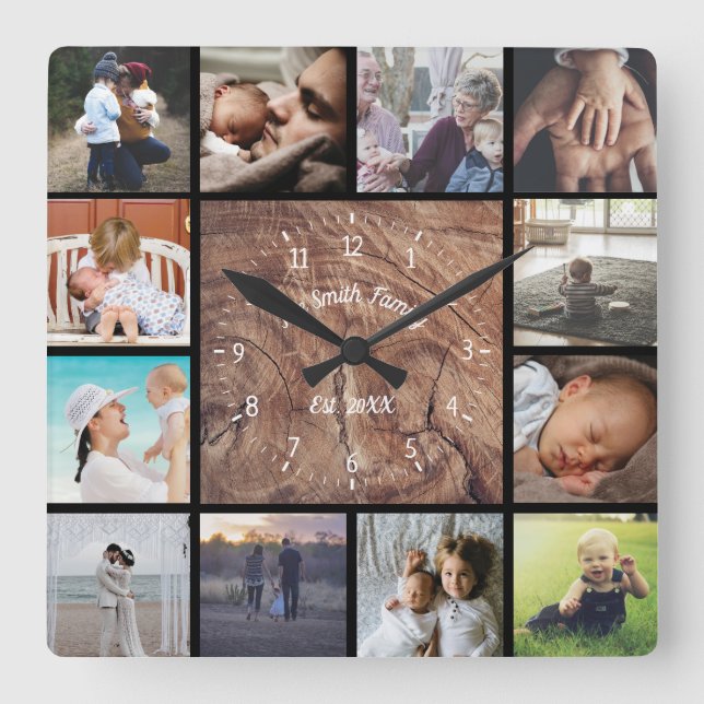Family custom photo collage personalize wood  square wall clock (Front)