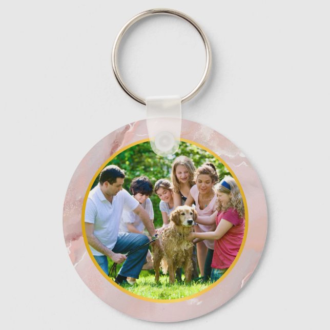 Family Custom Photo in Gold & elegant Pink marble Keychain (Front)