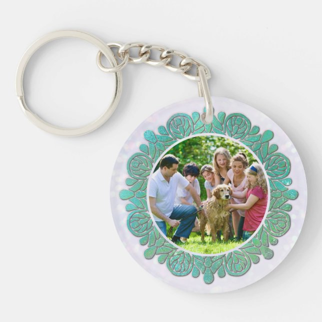 Family Custom Photo with Elegant Turquoise Mandala Keychain (Front)