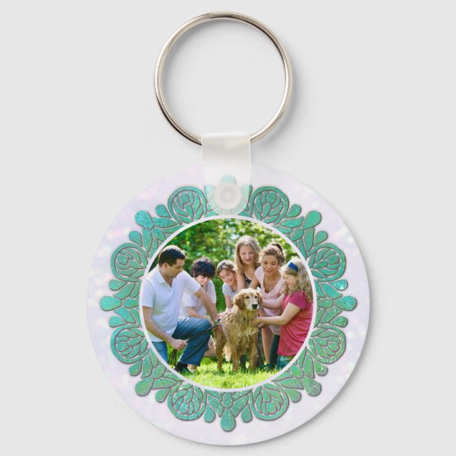 Family Custom Photo with Elegant Turquoise Mandala Keychain (Front)