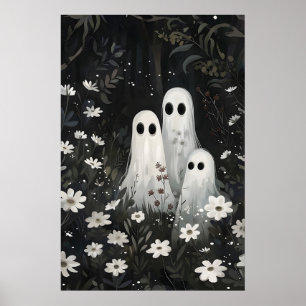 Family cute ghosts in flower woods print, ghost poster