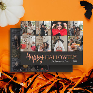 Family Cute Script Happy Halloween 12 Photo Black Card