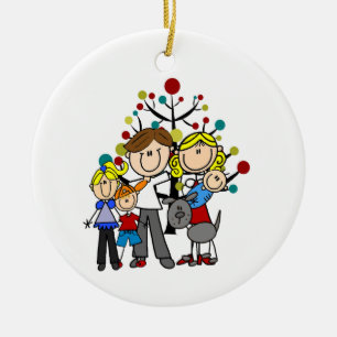 Family Dad Mom Girl Boy Baby Grey Dog Ceramic Ornament