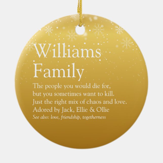 Family Definition Gold Christmas Snowflakes Ceramic Ornament (Back)