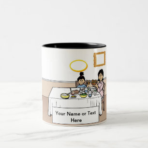 Family Dinner, Single Mom, 1 Girl Cartoon Two-Tone Coffee Mug
