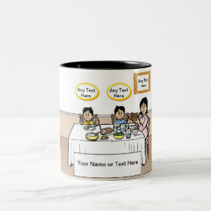 Family Dinner, Single Mom, 2 Boys Cartoon Two-Tone Coffee Mug