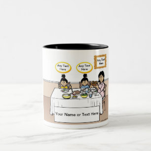 Family Dinner, Single Mom, 2 Girls Cartoon Two-Tone Coffee Mug