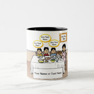 Family Dinner, Single Mom, 3 Boys Cartoon Two-Tone Coffee Mug