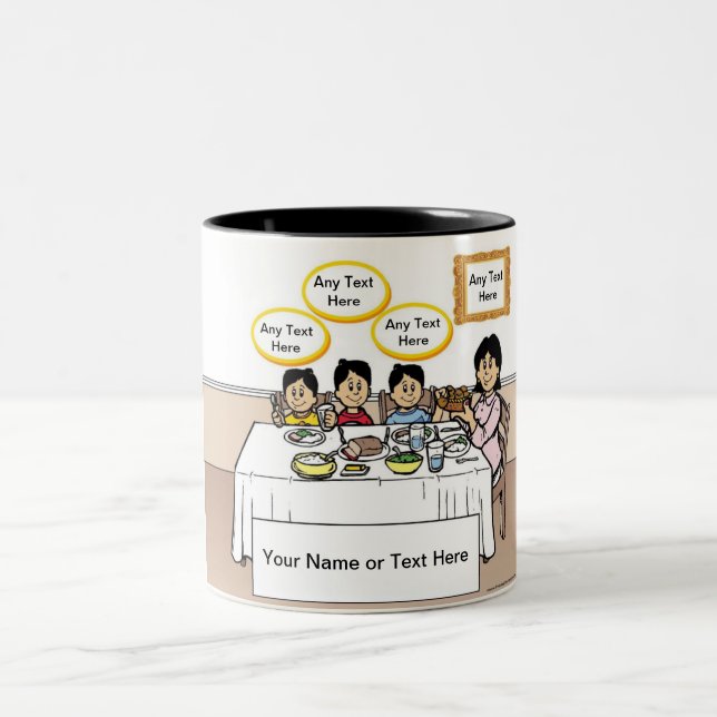 Family Dinner, Single Mom, 3 Boys Cartoon Two-Tone Coffee Mug (Center)