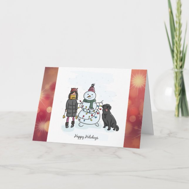 Family & Dog Building Snowman Personalized Card (Front)