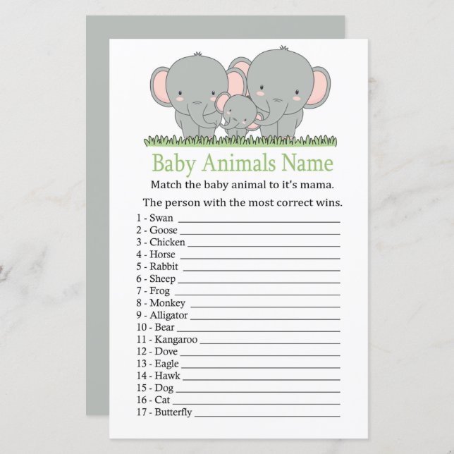 Family elephant Baby Animals Name Game (Front/Back)