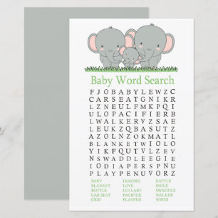 Family elephant Baby Shower Word Search Game