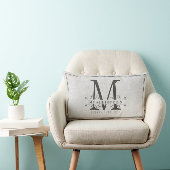 Family Established Monogram Vintage Elegant Linen  Lumbar Pillow (Chair)
