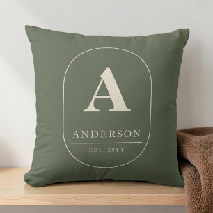 Family Established Olive Green Custom Monogram Throw Pillow