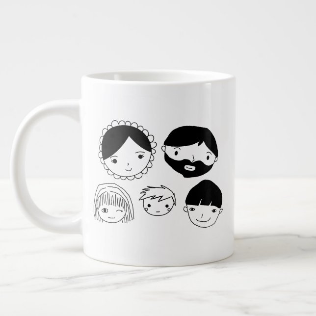 Family Faces Cartoon Large Coffee Mug (Left)