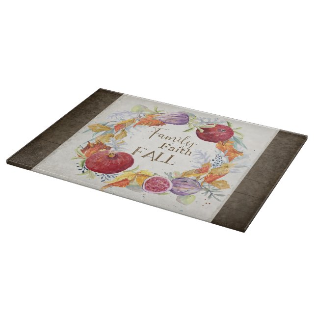 Family Faith Fall Autumn Harvest Farmhouse Wood Cutting Board (Corner)