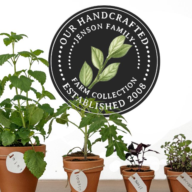 Family Farm Label with Herb Leaves on Black Logo  (Creator Uploaded)