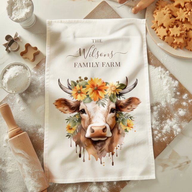 Family Farm Rustic Floral Cow Horns Kitchen Towel (Creator Uploaded)