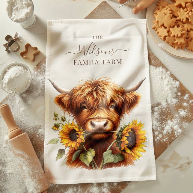 Family Farm Rustic Sunflower Highland Cow Kitchen Towel (Creator Uploaded)