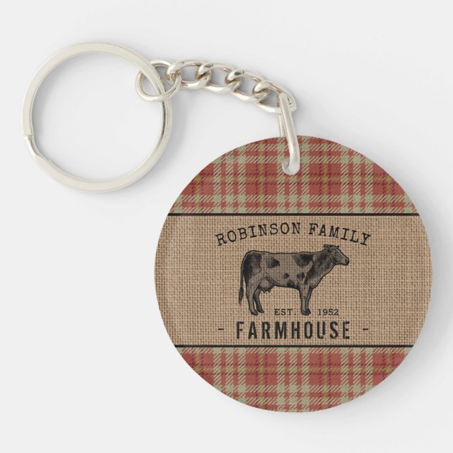 Family Farmhouse Cow Red Plaid Burlap 2 Sided Keychain (Front)