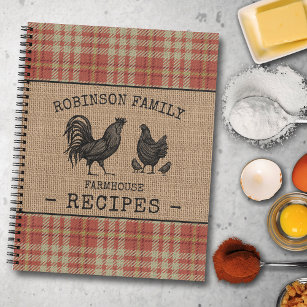 Family Farmhouse Rooster Hen Red Plaid Recipe Notebook